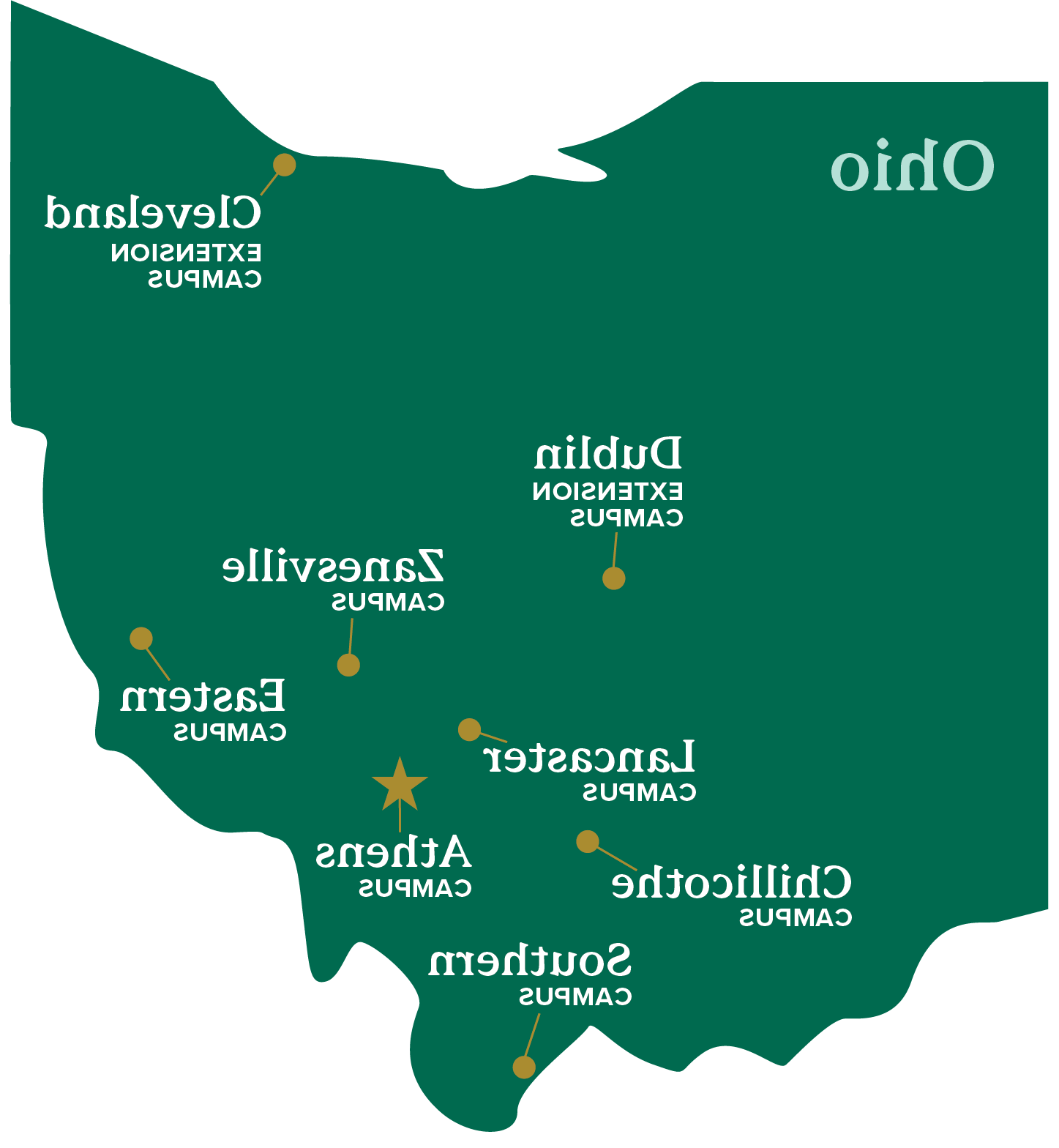 map of the state of Ohio with indicators for each Ohio University campus